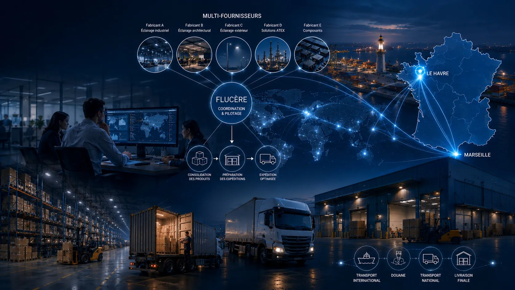 Coordination multi-fournisseurs, consolidation logistique et accompagnement des projets d'éclairage